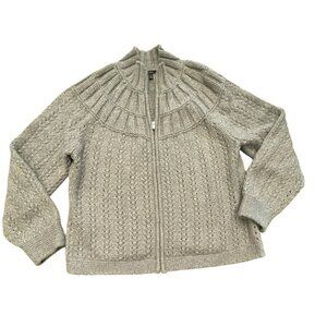 Talbots Womens Gray Knit Cardigan Sweater  XL Mock Neck Chunky Knit Zipper